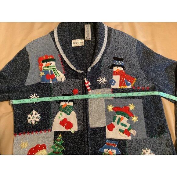 Carly St. Claire Womens XL Ugly Christmas Snowman Cardigan Sweater Blue -- Read - Picture 4 of 16